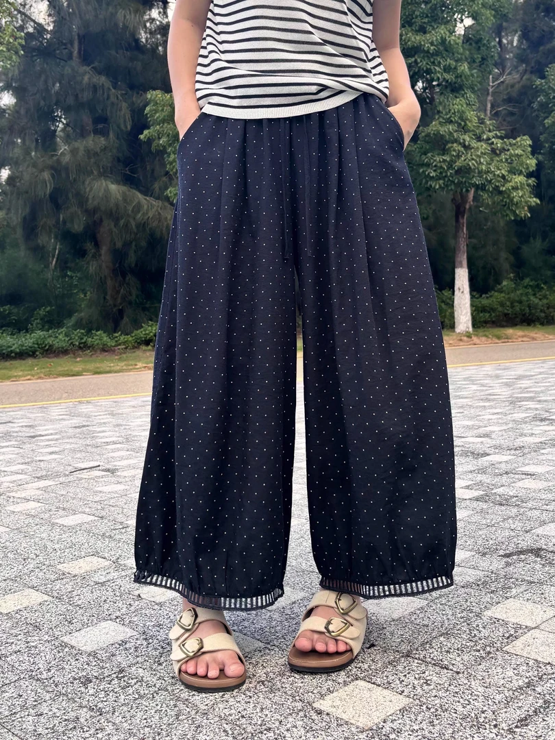 藏青色休闲波点阔腿裤女夏季薄款慵懒感胖mm松紧高腰哈伦九分裤子