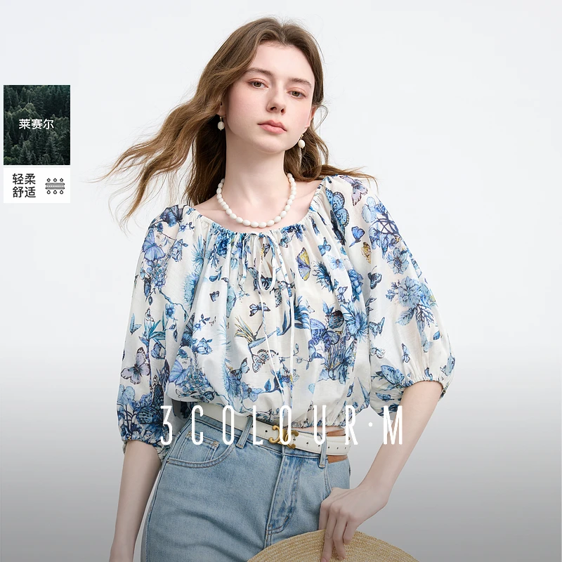 【清仓】三彩2025夏季繁花小衫圆领系带七分灯笼袖莱赛尔宽松短款M