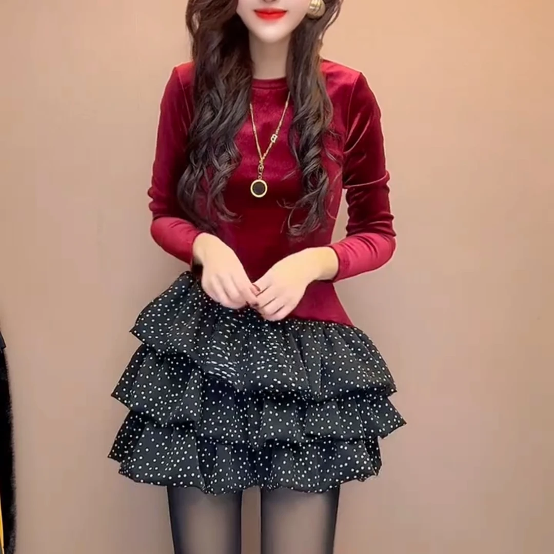 秋冬赫本风花苞拼接黑色丝绒连衣裙小个子气质修身包臂裙长袖