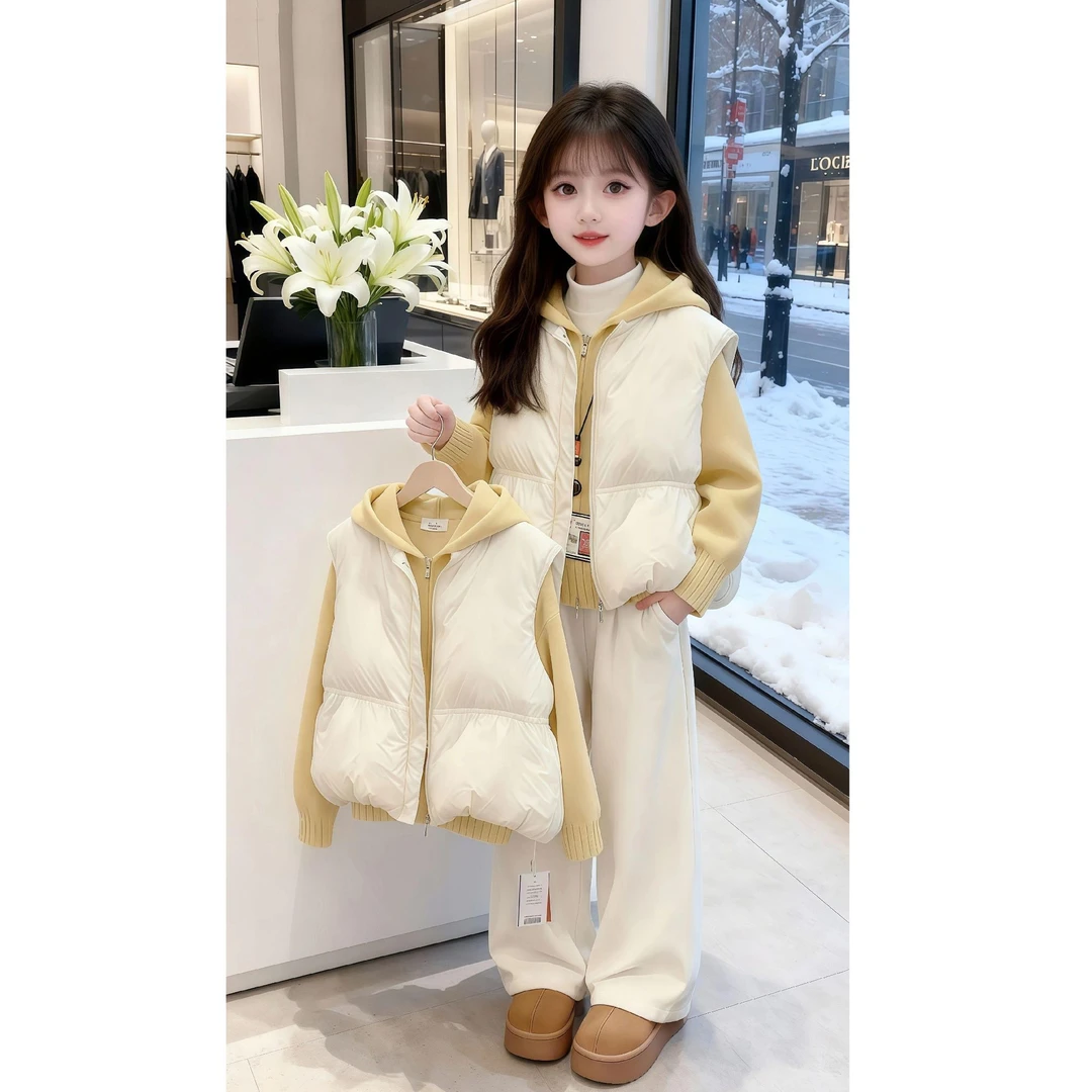现女童加绒加厚套装冬季2025新款大童韩版时髦马甲毛衣阔腿三件套