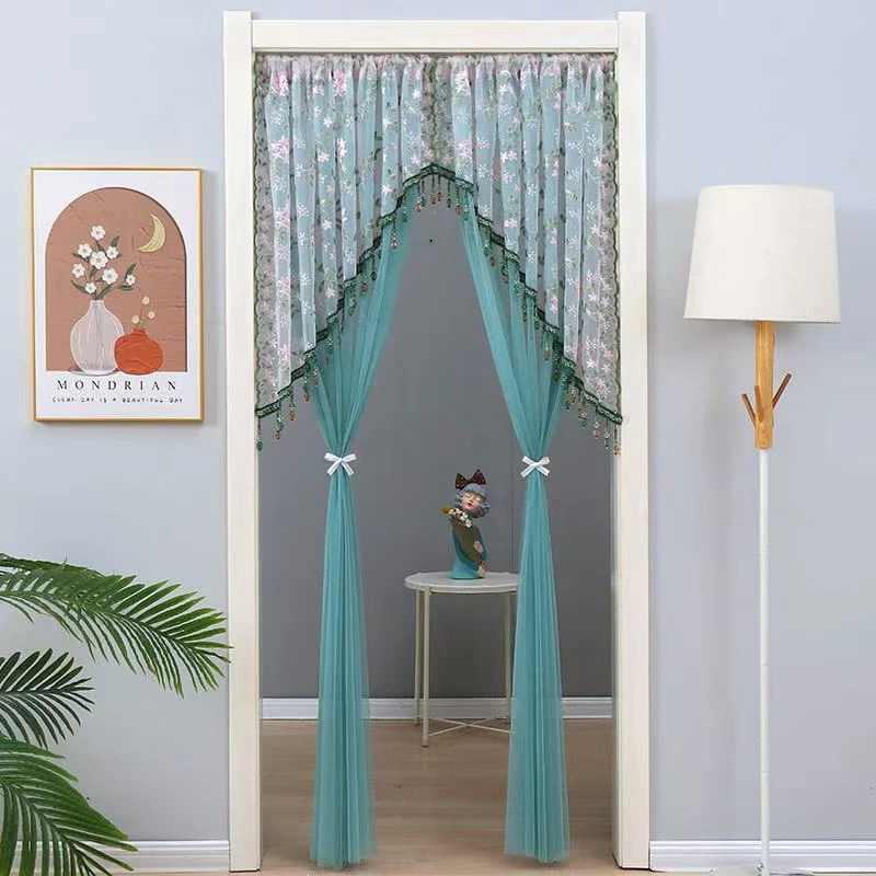 （免打孔）两片式防蚊门帘长帘卧室门通用蕾丝刺绣吊坠款纱帘