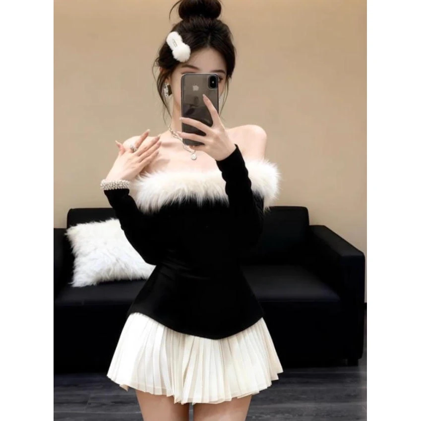 新款显瘦千金风黑色一字肩毛领露肩抹胸长袖修身拼接百褶连衣裙女