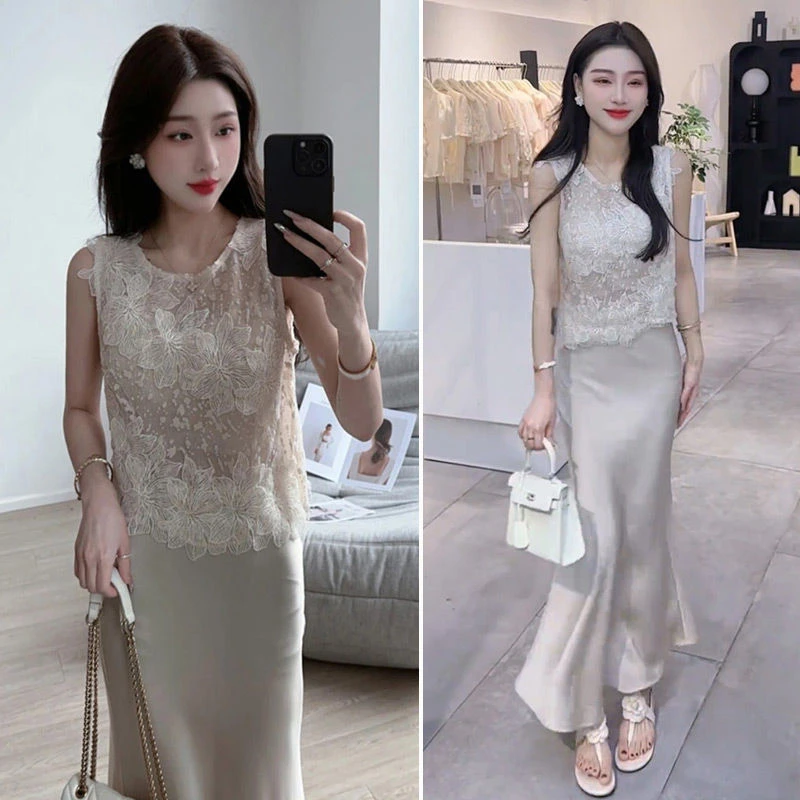 时尚套装温柔风刺绣蕾丝拼接背心女夏季垂感高腰长款半身裙两件套