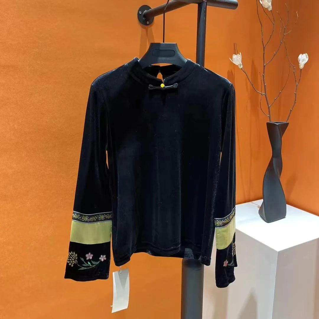 蜗牛家档口新款尾货气质款金丝绒百搭拼接打底衫F10