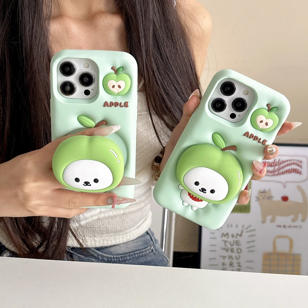 苹果|青苹果自嘲熊支架卡通可爱适用iPhone16女款ins软硅胶手机壳