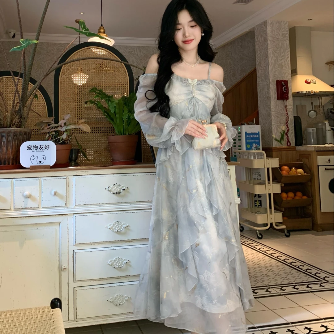 Blovelan雾霭鎏蓝 气质华丽仙气蝴蝶长袖烫金荷叶边雾霾蓝吊带裙