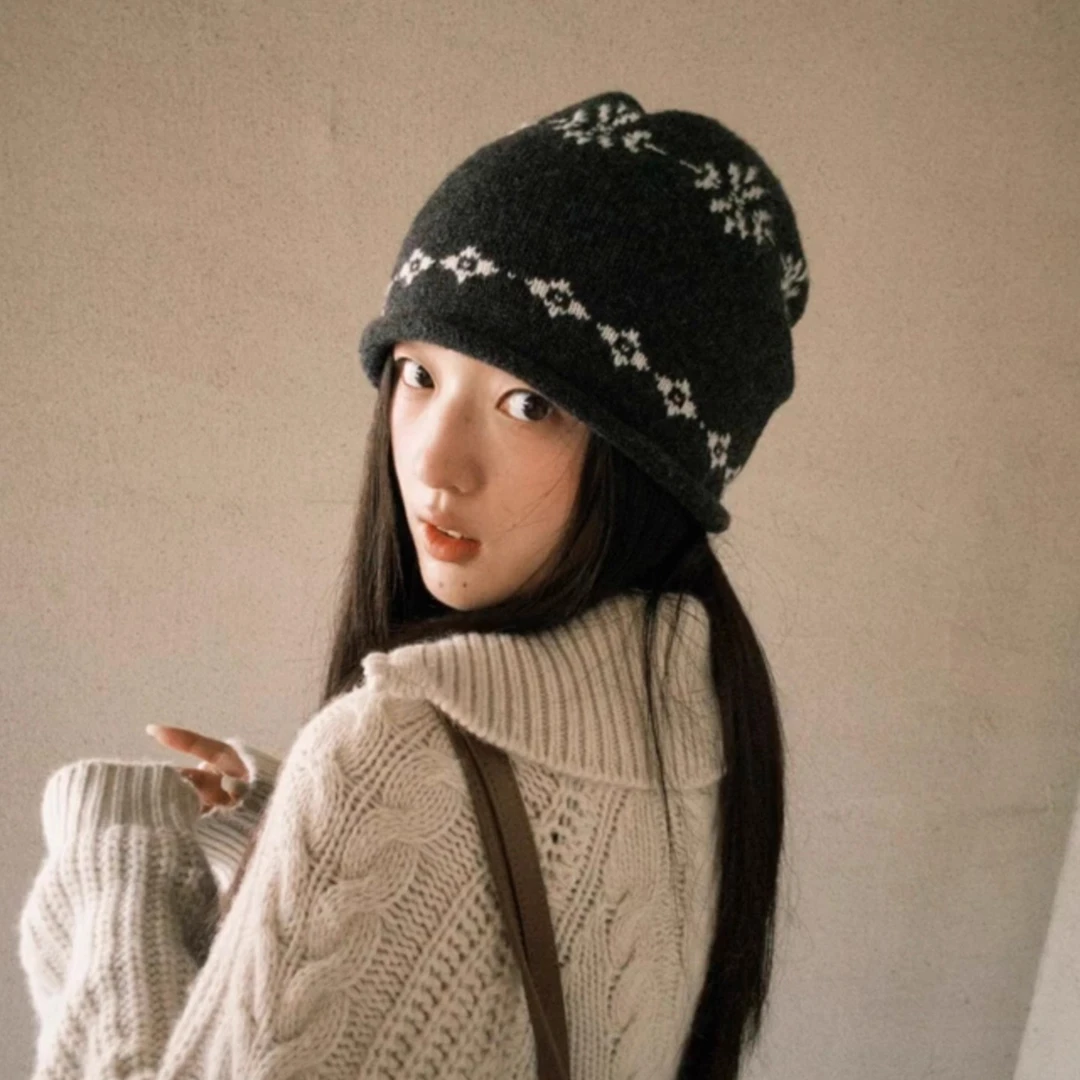 费尔岛提花卷边针织冷帽女秋冬季保暖时尚百搭显脸小毛线堆堆帽子