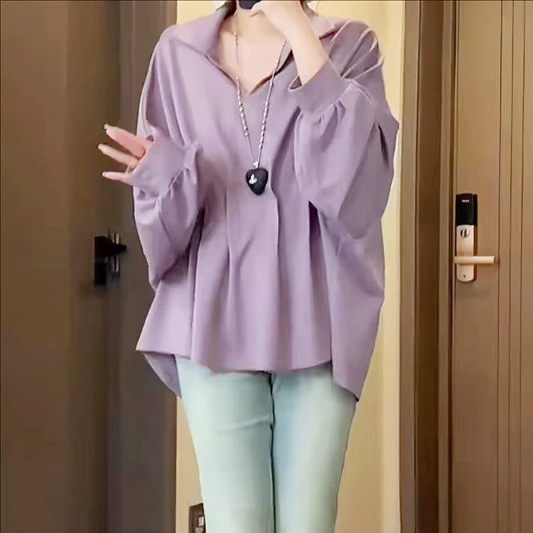 大码女装300斤胖MM时尚设计感宽松纯色显瘦压褶衬衣10065