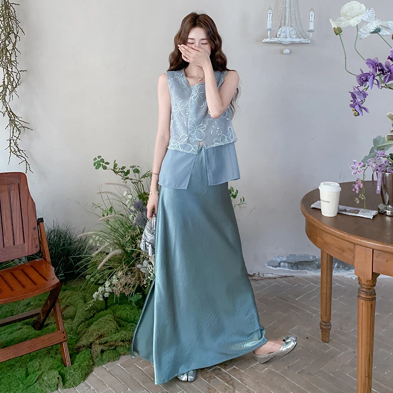 新中式国风蓝色背心半身裙套装女2025夏季新款显瘦今年流行两件套