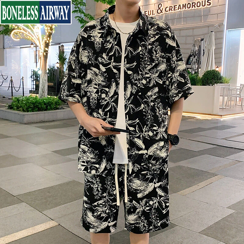 BONELESS AIRWAY冰丝时尚休闲套装男夏季潮流痞帅衬衫短裤两件套
