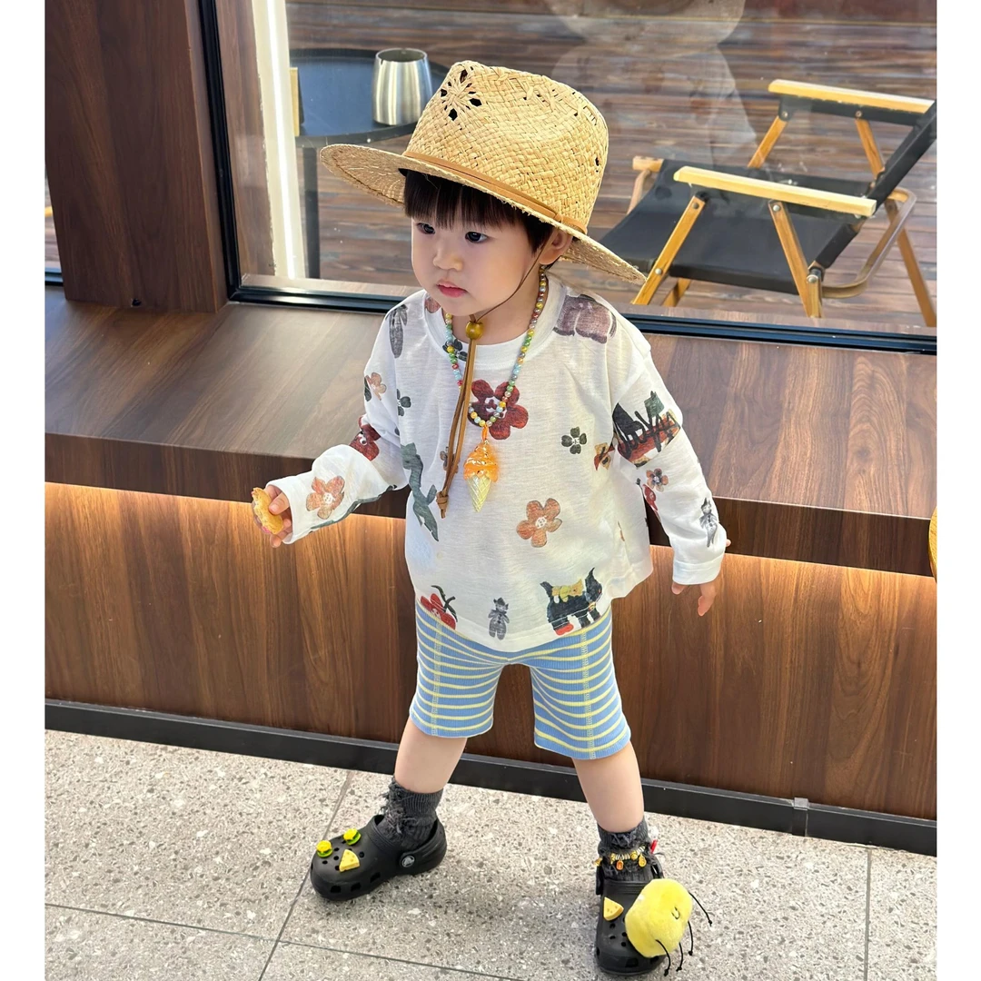 小思家女童2025夏季新款百搭时髦韩版印花长袖上衣条纹骑行裤套装
