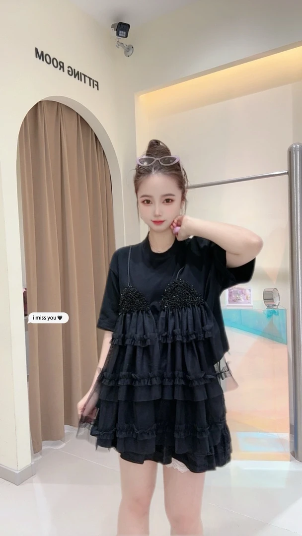 【浪漫满屋】大观欧货设计感简约休闲拼纱假两件短袖显瘦重工洋气范