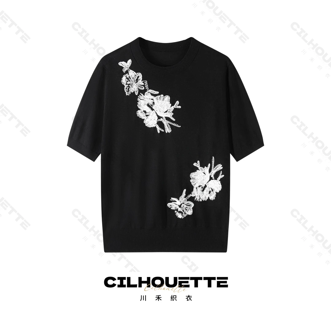 川禾织衣 夏季刺绣提花圆领天丝桑蚕丝短袖T恤洋气打底针织衫上衣