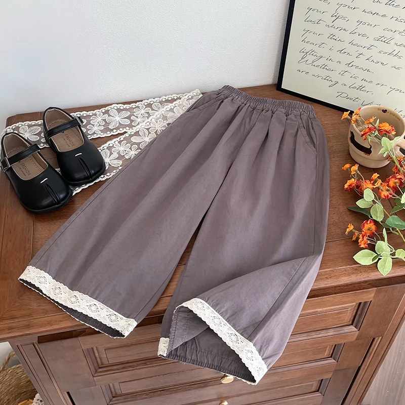 女童新款夏季时尚洋气灰色蕾丝边直筒裤新款夏季时尚洋气品质童装