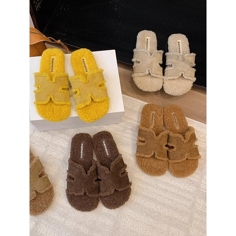 小香风H型毛毛拖鞋女外穿2025新款秋冬舒适平底露趾一字拖网红ins