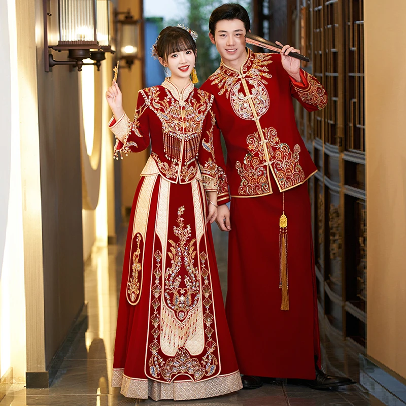 秀禾服2025新娘缎面修身显瘦手工龙凤立体裁剪奢华结婚礼服出阁服