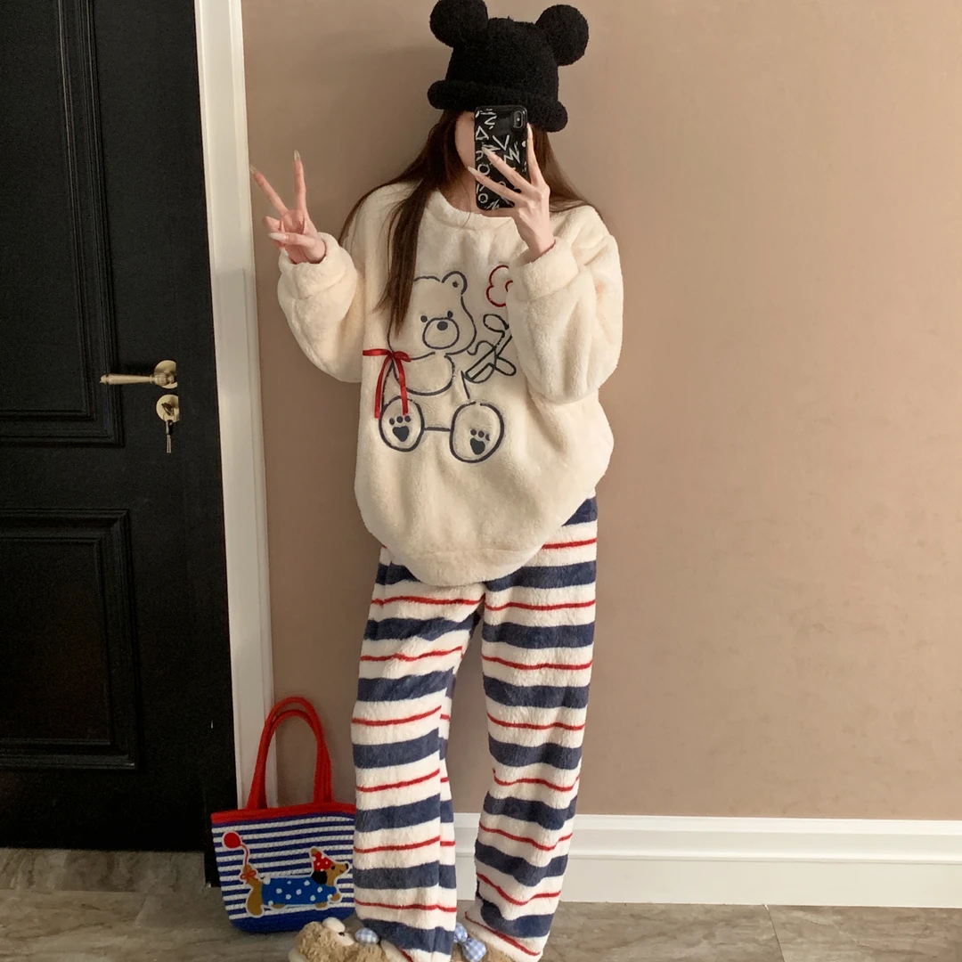 韩系蝴蝶结小熊睡衣女新款冬季加厚保暖长毛绒甜美可爱家居服套装