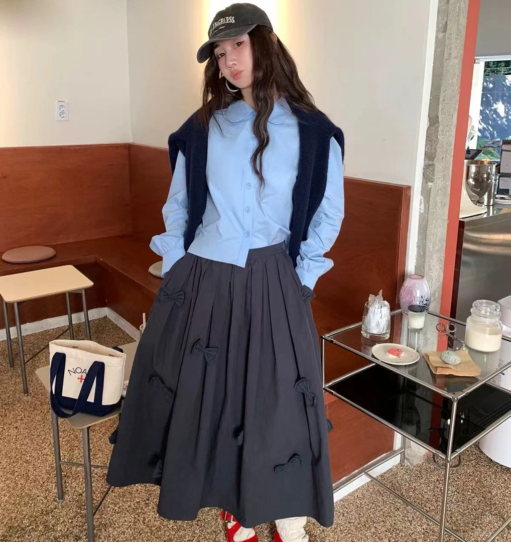 （黑美蝶裙）韩国立体蝴蝶结黑色松紧腰大裙摆带口袋半身裙C411