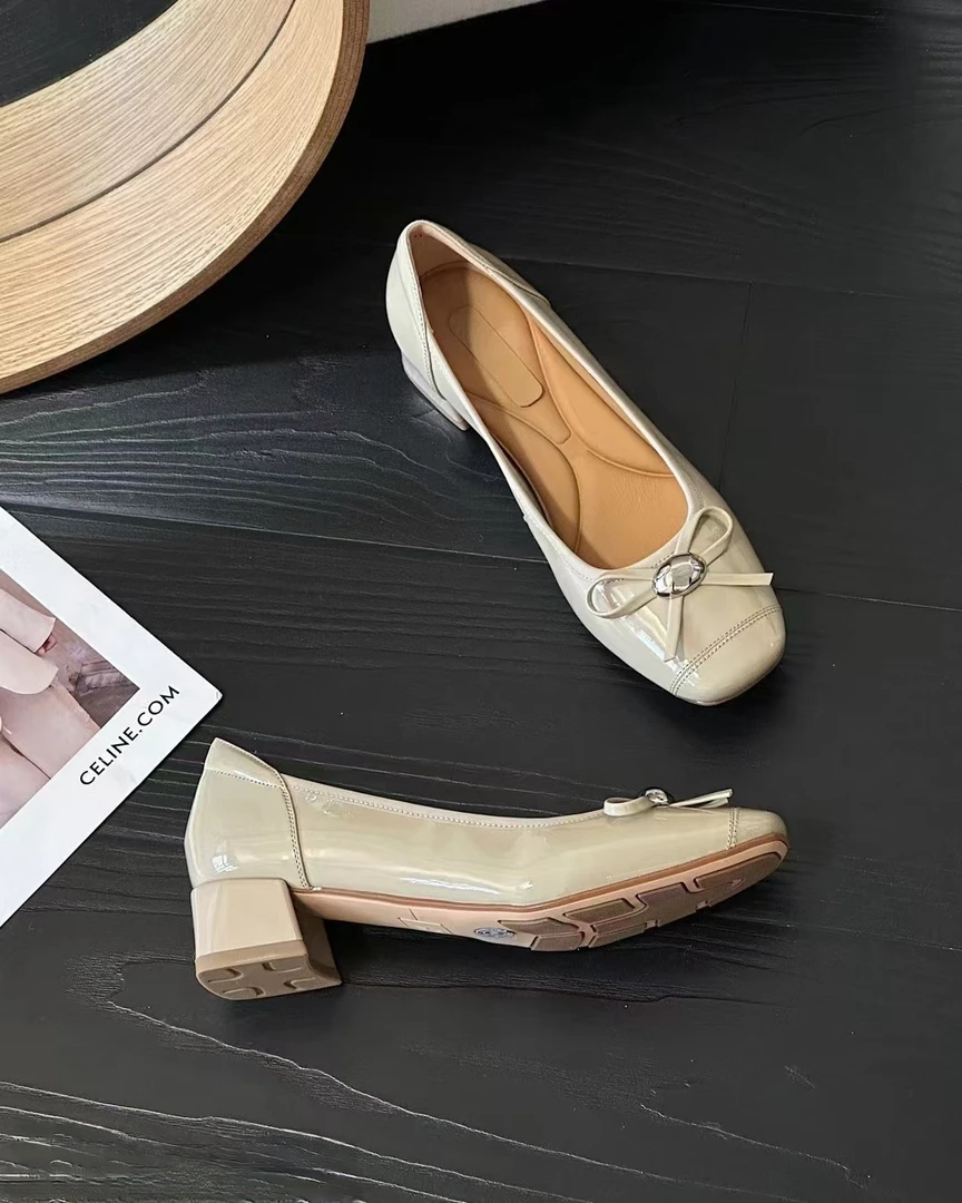 牛漆皮女鞋时装单鞋方头低跟蝴蝶结2025春新款货号N176号36-40