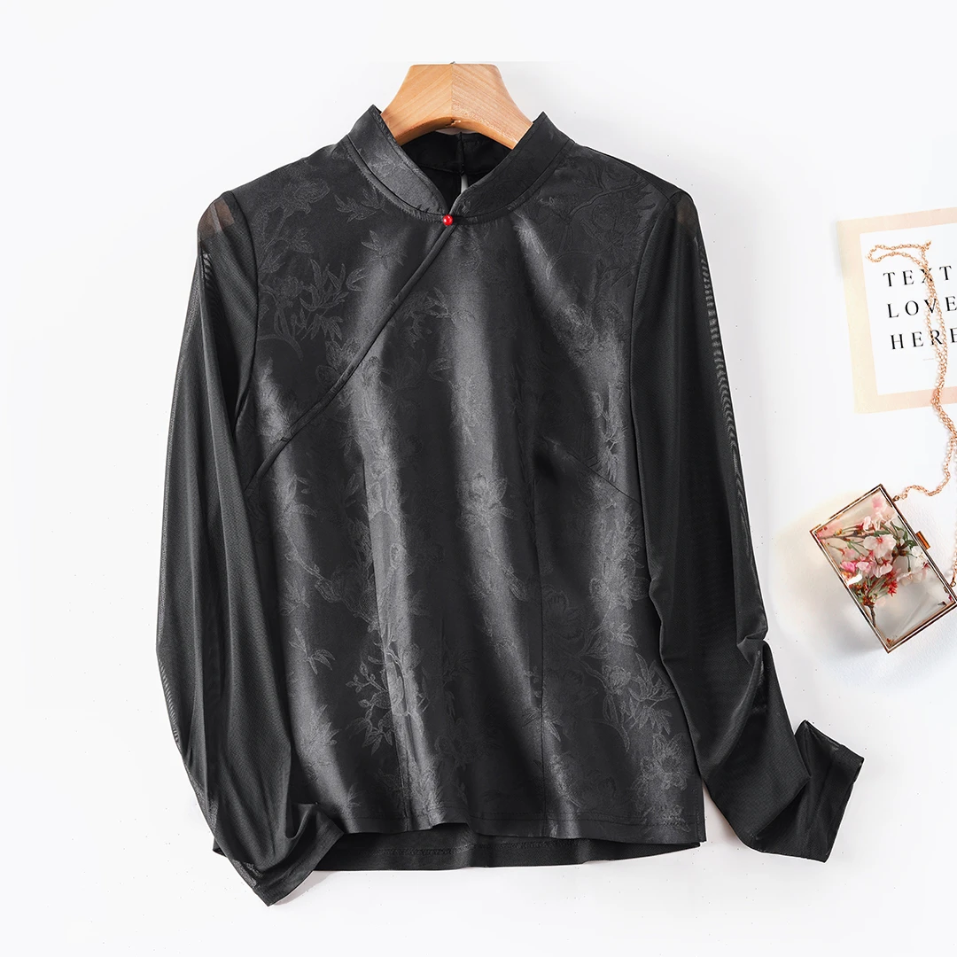 琸娅100%桑蚕丝香云纱花萝高端女装立领宽松舒适网纱长袖真丝卫衣