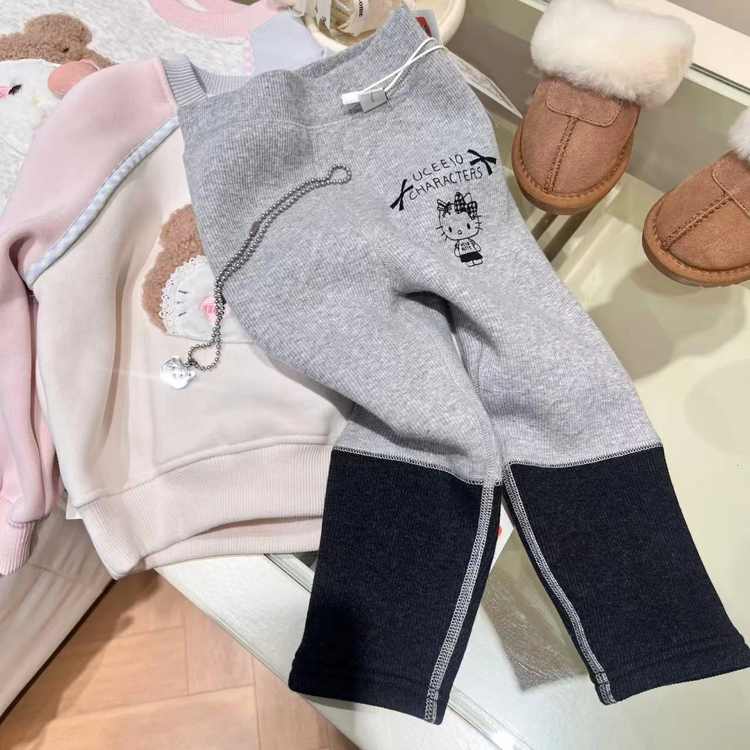 X.M含桑蚕丝&羊毛！女童Kitty撞色拼接加绒打底裤