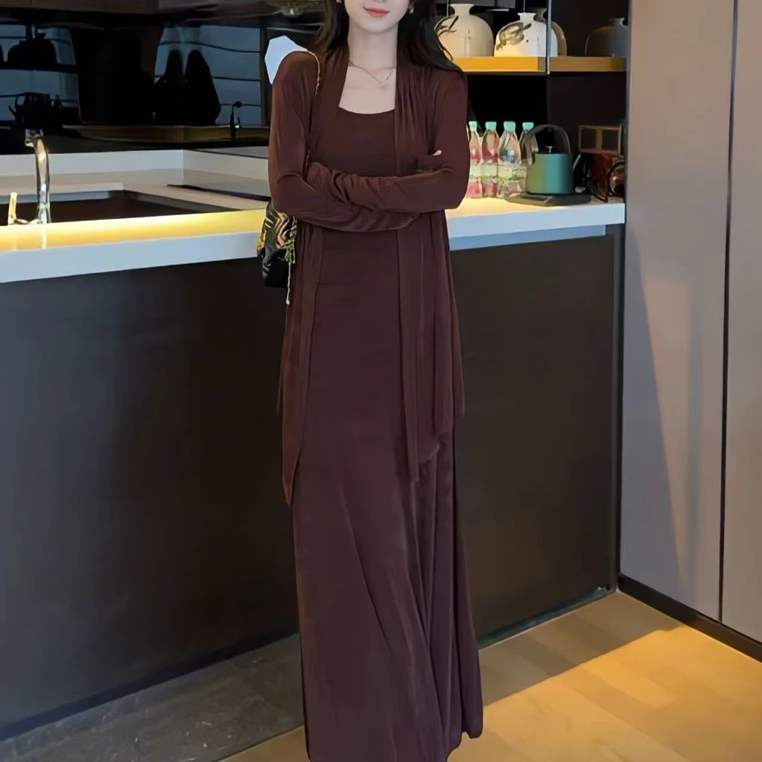 夏季两件套双肩吊带连衣裙宽松露肩冰丝气质薄款抹胸型显瘦两件套