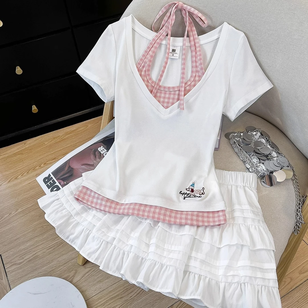 米白拼粉格拼接上衣夏季新款爆款百搭气质小众韩版挂脖短袖T恤女