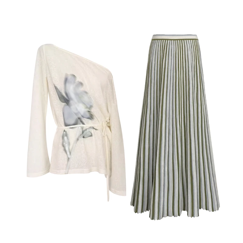 法式慵懒松弛感休闲穿搭白色斜肩宽松印花罩衫褶皱半身裙套装夏季