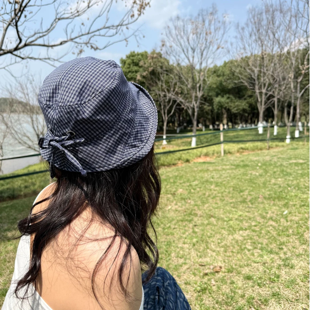 韩系ins时尚格子大帽檐渔夫帽百搭盆帽甜美显脸小防晒遮阳户外
