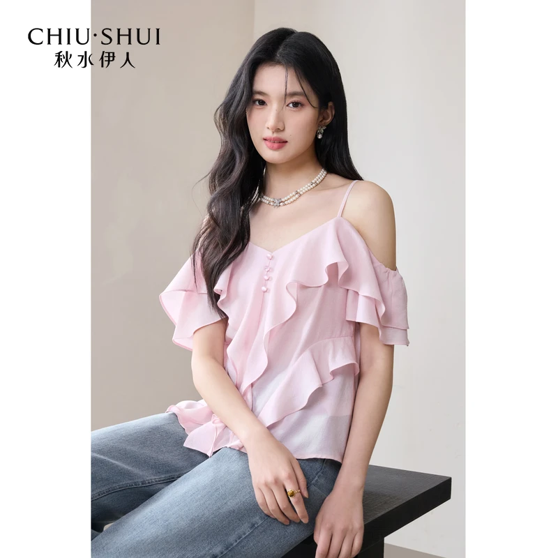秋水伊人优雅荷叶边V领上衣2025年夏季新款女雪纺衫625204A060357