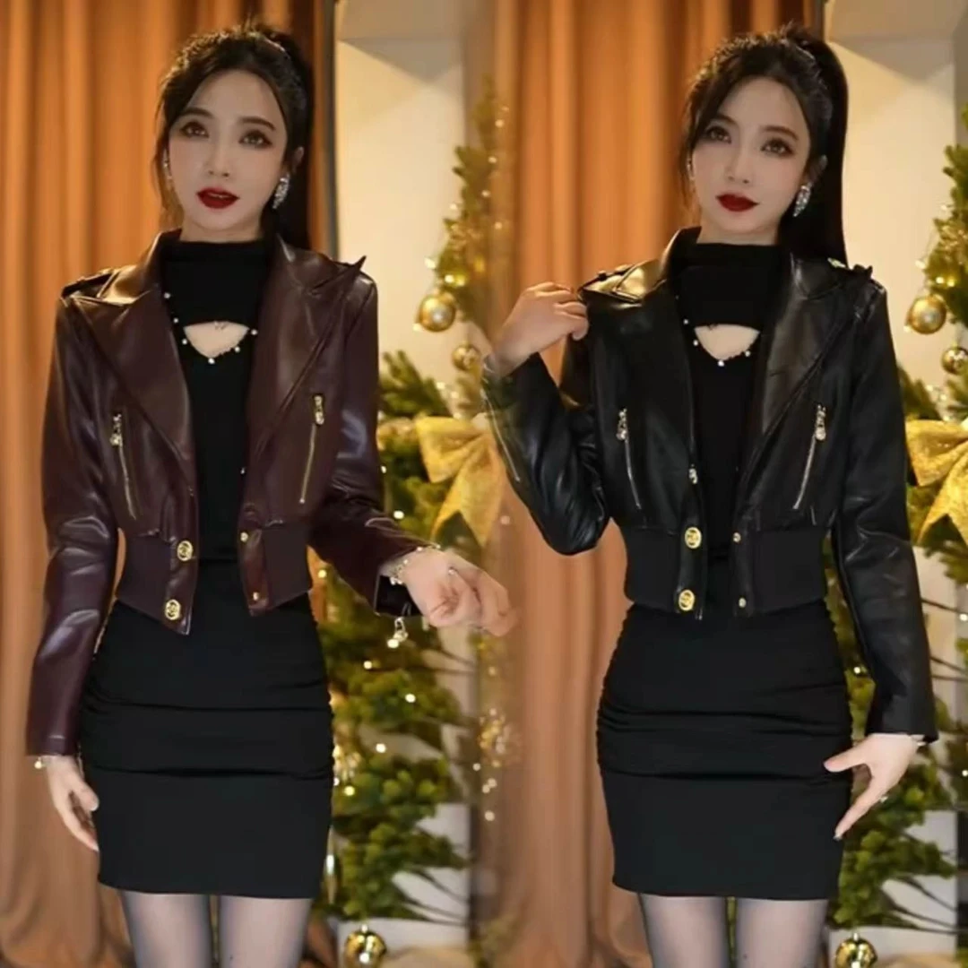 韩版气质拉链翻领收腰皮衣女士2025春季小众独特时尚百搭显瘦上衣
