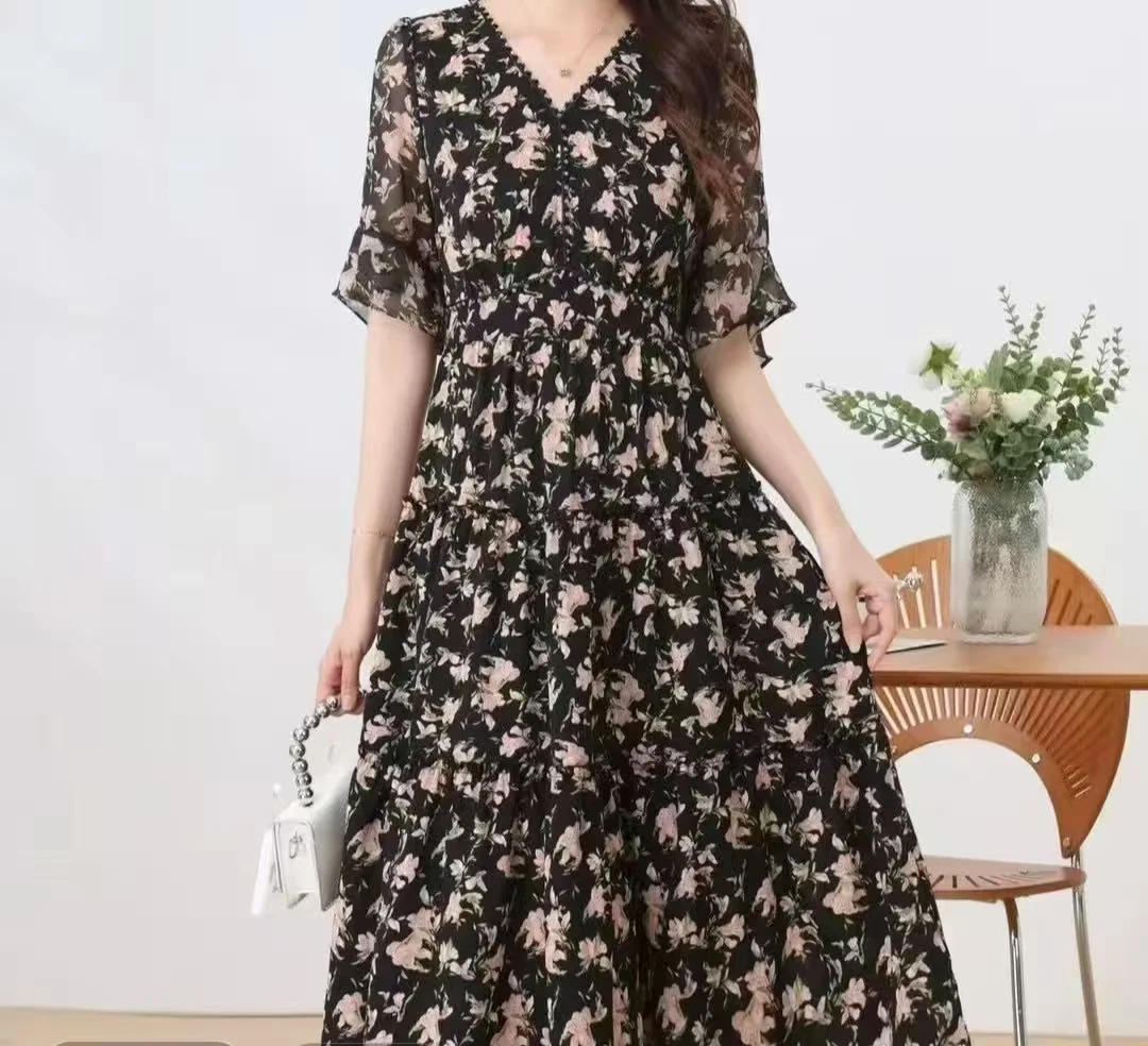 F270 碎花短袖极简风V领荷叶袖连衣裙时尚复古修身中长裙显瘦印花