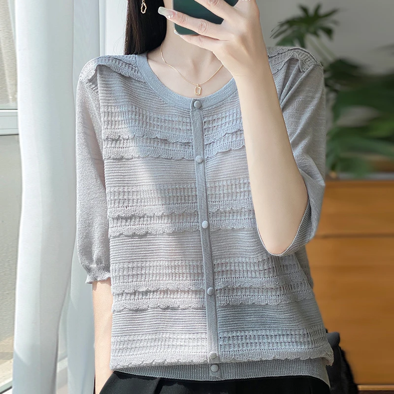 品牌2025欧若风薄款时尚圆领宽松显瘦微透气质短袖针织衫洋气女士