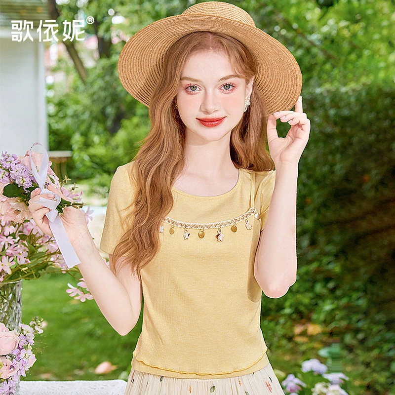 歌依妮夏季新款女甜美黄色假两件波西米亚风小个子短袖T恤衫上衣