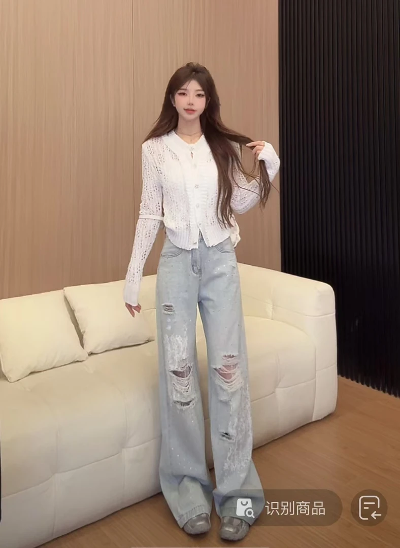 李馨儿【破洞钻钻裤】春款女休闲简约洋气百搭高腰显瘦牛仔裤直筒