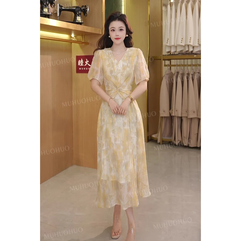 【雪落金枝】雅致华贵晕染风V领气质韵味设计感夏日穿搭连衣裙