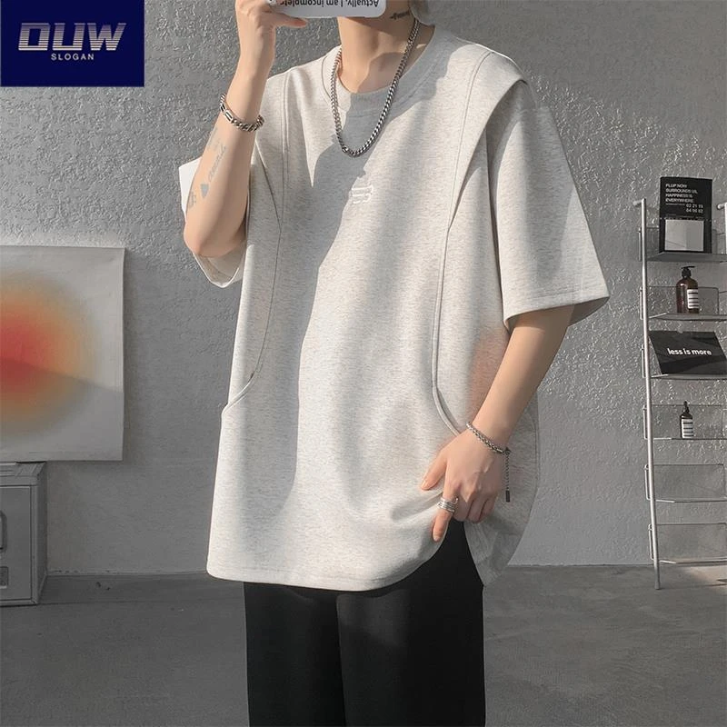 O.U.W假两件短袖t恤男夏季潮牌美式刺绣衣服宽松潮流重磅半袖体恤