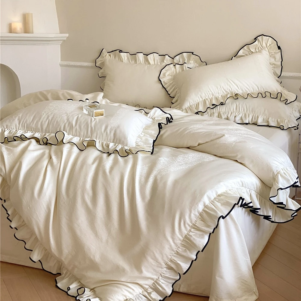 法式100支长绒棉全棉四件套纯棉提花被套少女荷叶边纯色床单床品