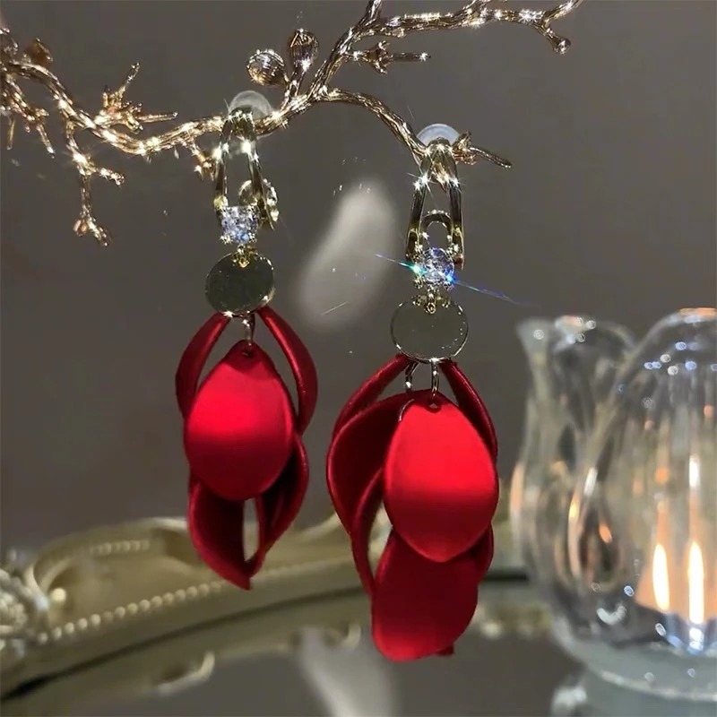 铜合金耳饰 【氛围感】红色气质时尚百搭小众长款-508