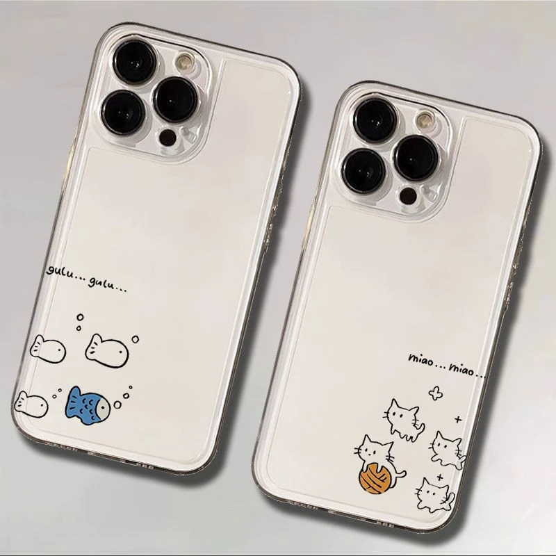 简约线条猫和鱼情侣太空壳适用于苹果xs/xr软壳16/15pro透7/8plus