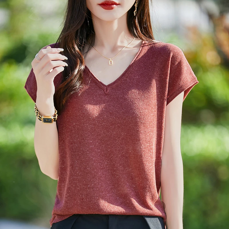 夏季天丝亚麻V领针织短袖T恤纯色舒适透气落肩包袖显瘦上衣