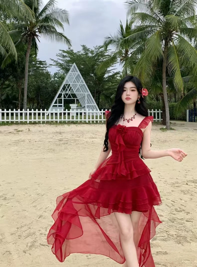 【山茶之恋】 300斤特大码女装甜辣妹小飞袖雪纺公主风度假风连衣裙