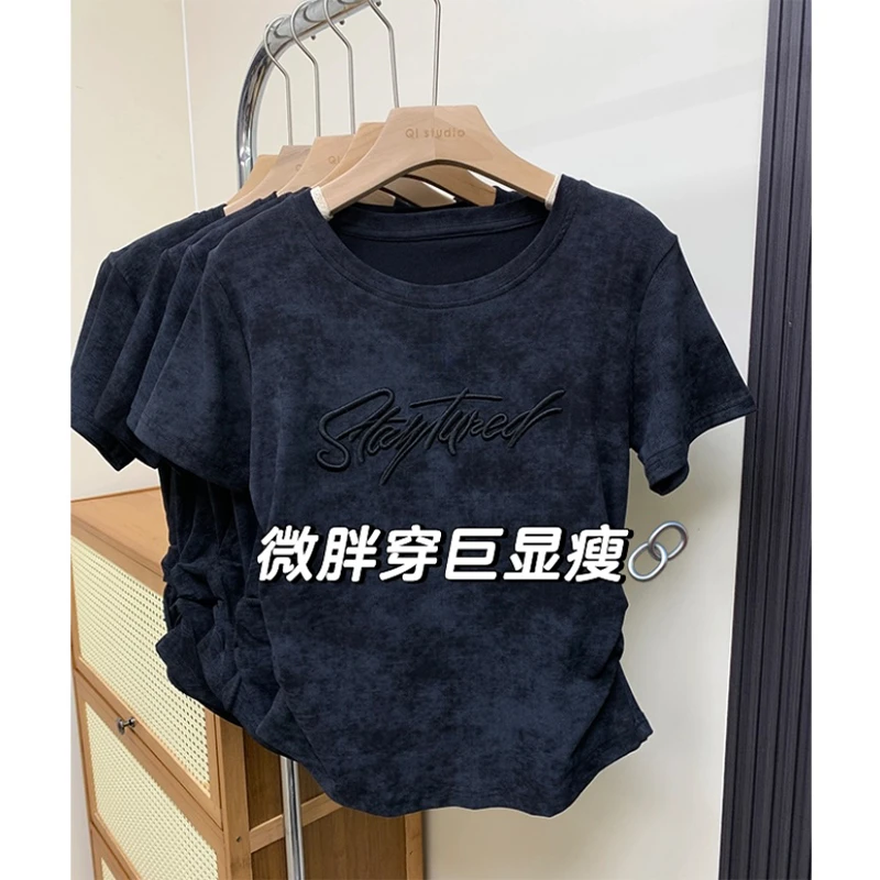 大码夏季学院风正肩扎染刺绣短袖t恤女设计感百搭掐腰显瘦ins上衣