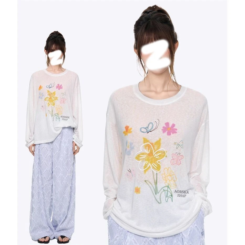 【ZHAP】雪花棉空调防晒罩衫长袖t恤上衣女白色薄款罩衫韩系上衣宽