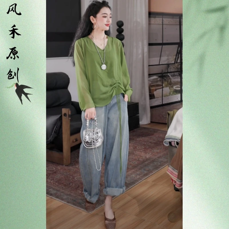 风禾原创【95210】夏季时尚优雅气质V领纯色波点抽绳乔其纱小衫女