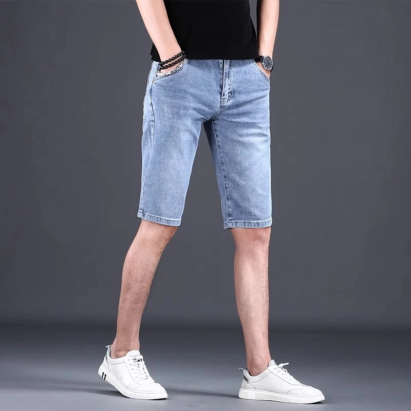 GS牛仔短裤男夏季薄款潮牌韩版中裤直筒修身25新款蓝色百搭五分裤
