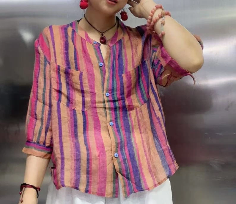 数码印竖条苎麻上衣727788