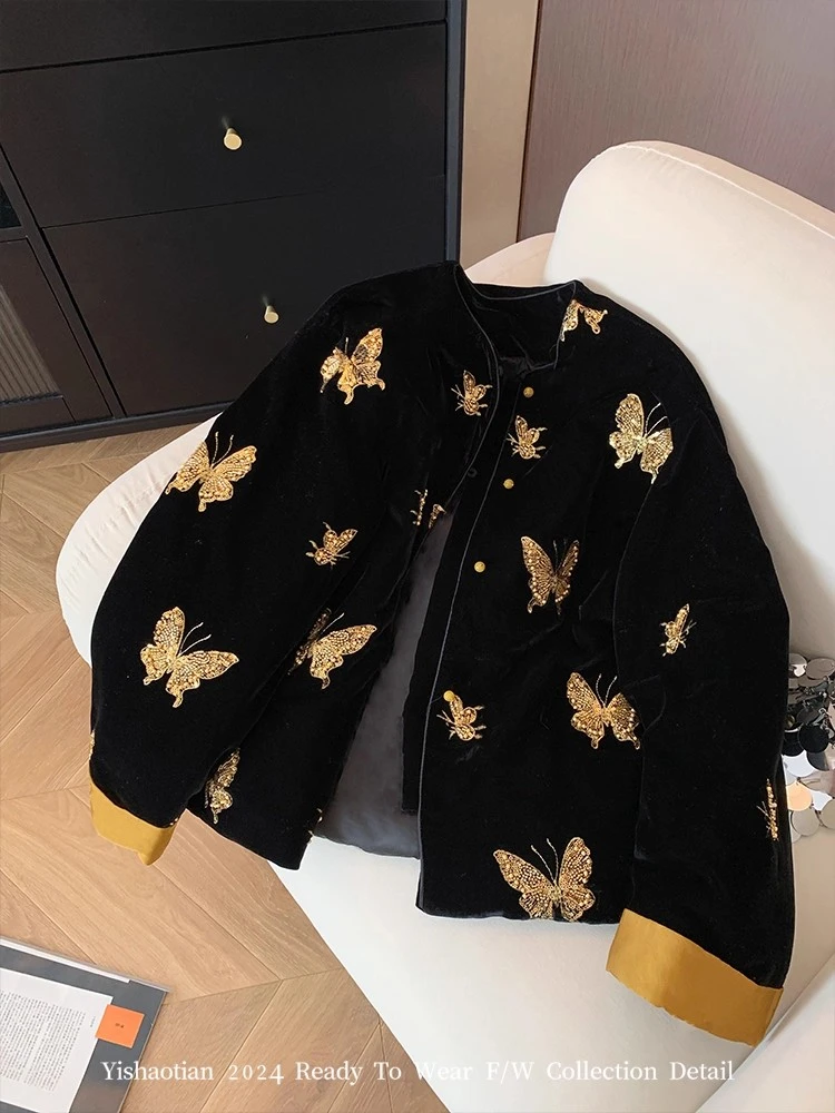 蝴蝶钉珠亮片国风夹棉外套女2025冬季新款气质新中式丝绒棉服