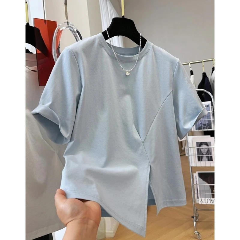 00229设计感独特不规则侧开叉修身短袖T恤女夏显瘦半袖单穿上衣