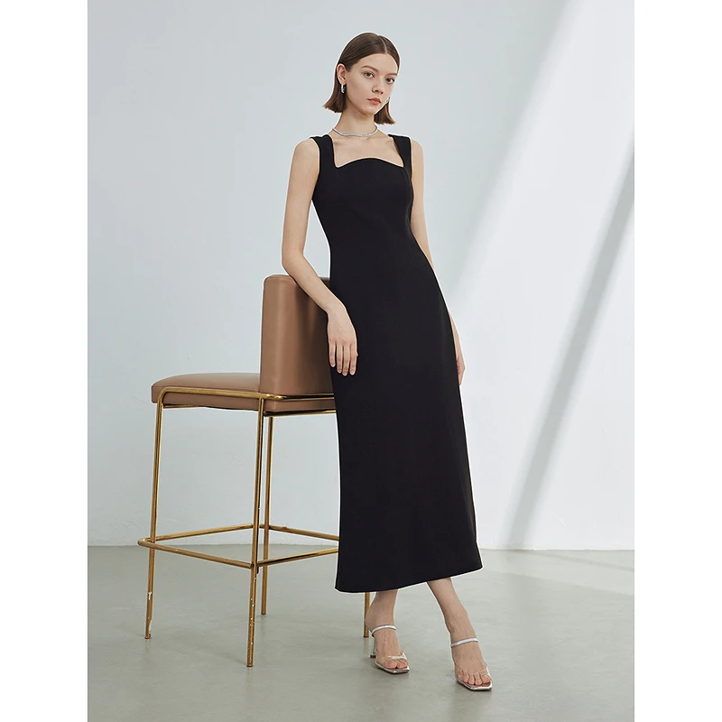 朗姿吊带法式修身气质高级感小黑裙女2024夏季新款鱼尾醋酸连衣裙